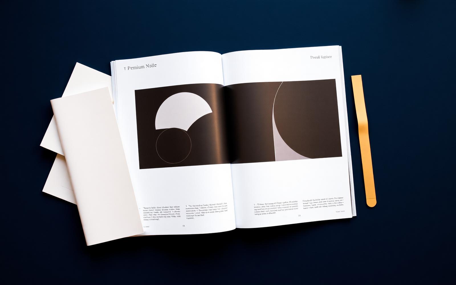 An open editorial magazine spread with abstract shapes, resting on a deep navy surface.