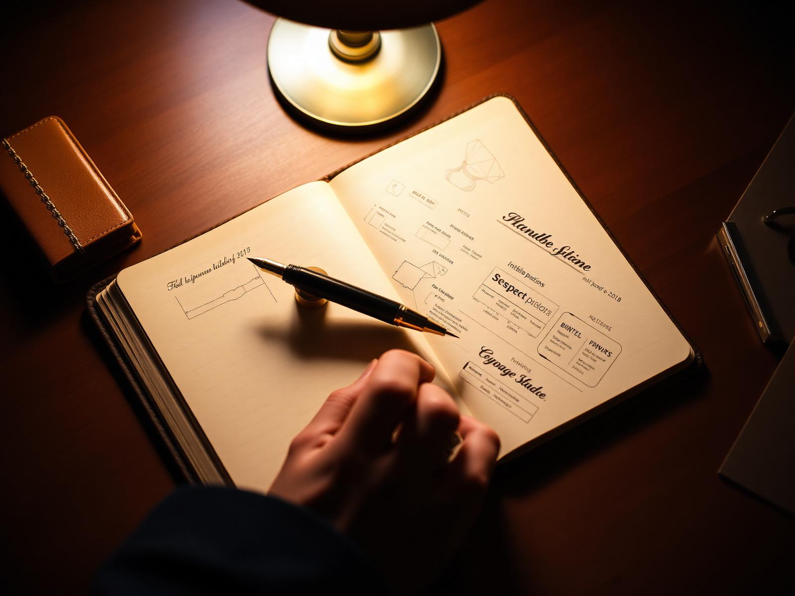 Hands sketching brand and strategy diagrams in a leather notebook under warm lamplight.