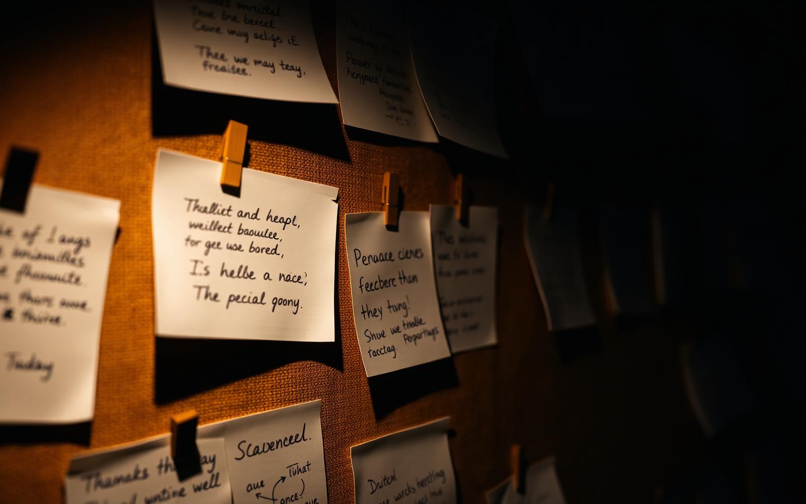 Handwritten strategy cards and notes pinned to a warm linen board — the shape of a working session.